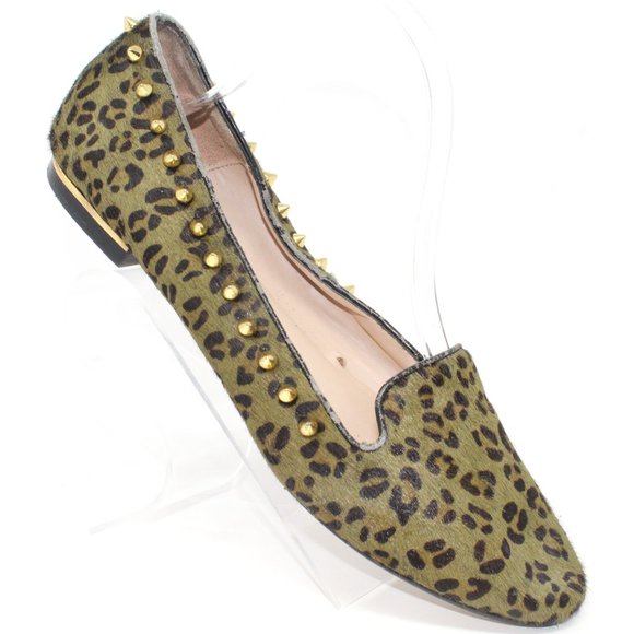 Zara Shoes - Zara Women Sz 10.5M Pony Hair Leather Green Leopard Print Studded Ballet Flats